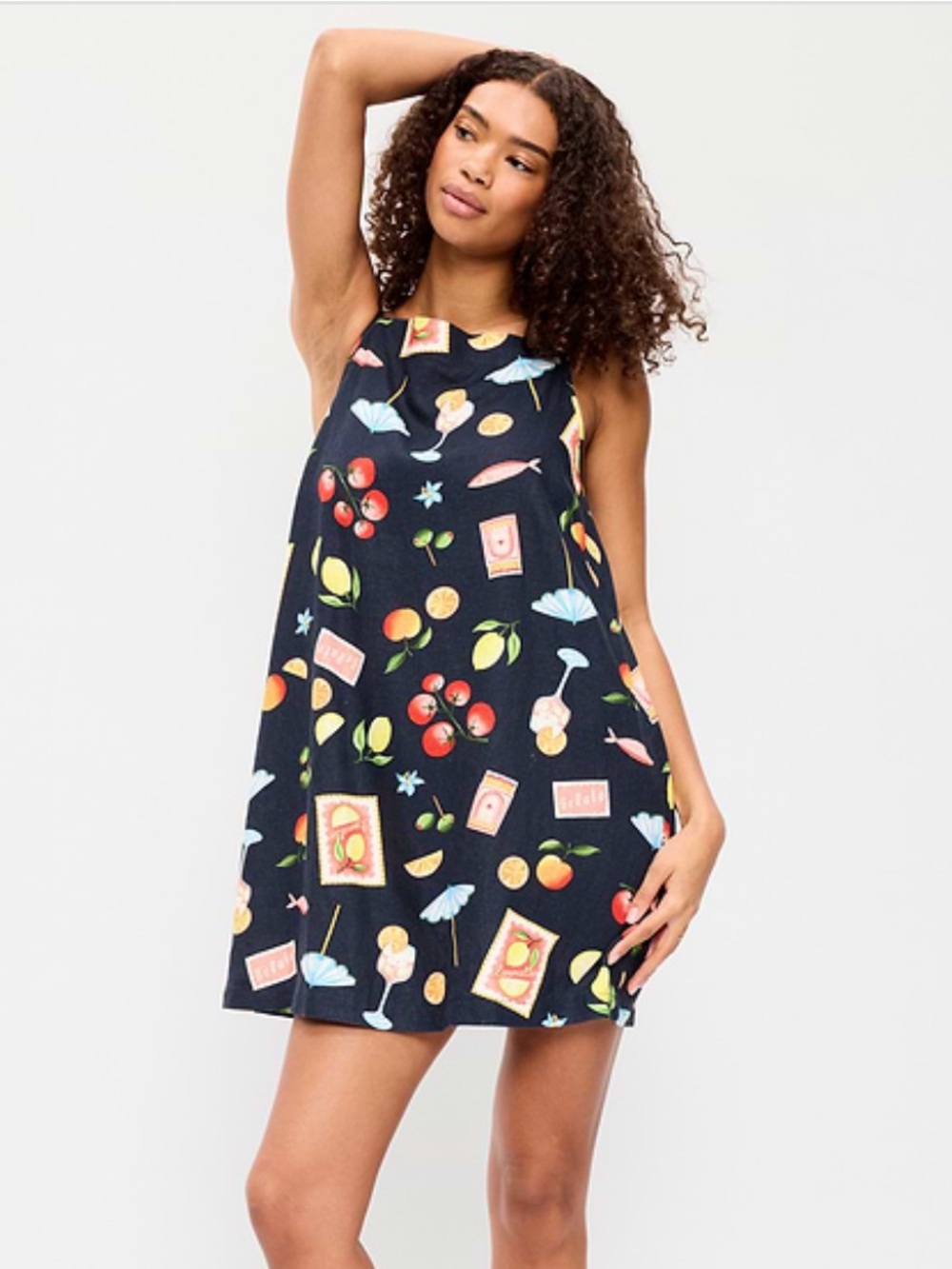 NWT Old Navy Linen Blend Apron Neck Fruit & Cocktail Print Mini Shift Dress -XL